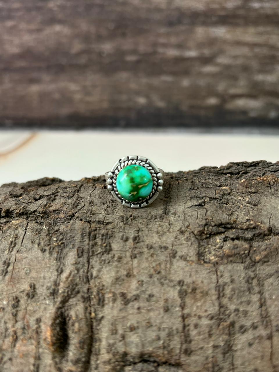 Handmade Sterling Silver Emerald Valley Turquoise Adjustable Ring "Signed Nizhoni" (6)