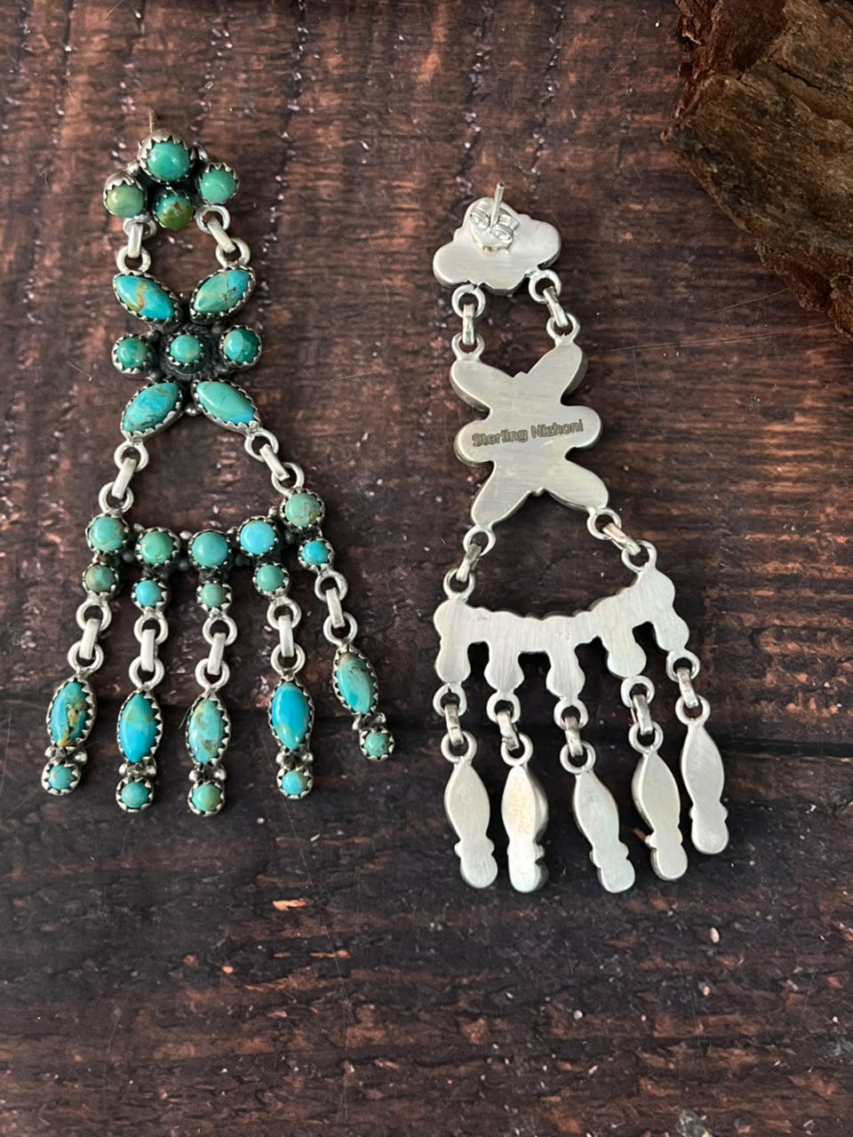 Handmade Sterling Silver Kingman Turquoise Post Dangle Earrings Signed Nizhoni