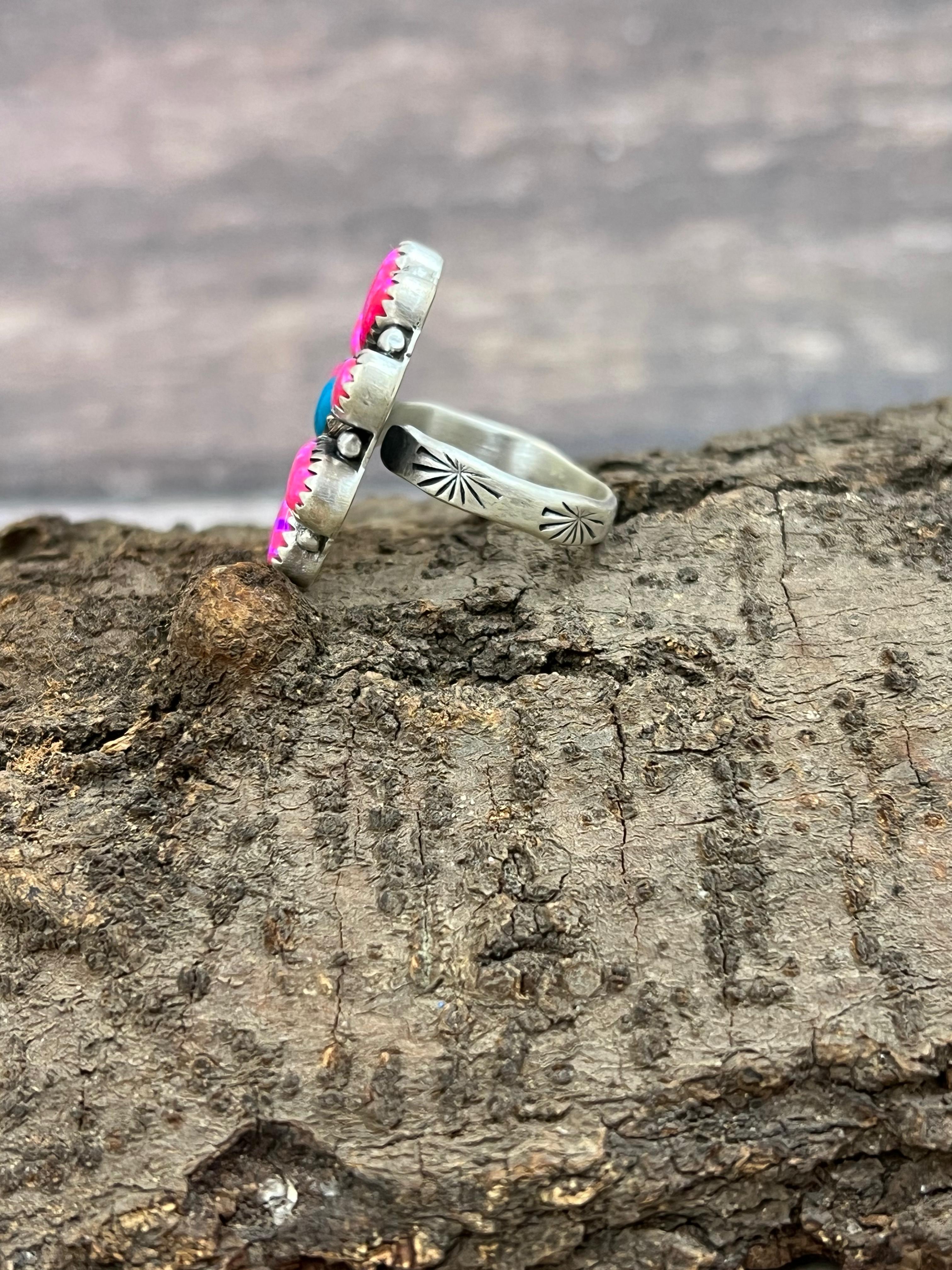 Handmade Sterling Silver Hot Pink with Kingman Turquoise Adjustable Cluster Flower Ring with Signed Nizhoni (6)