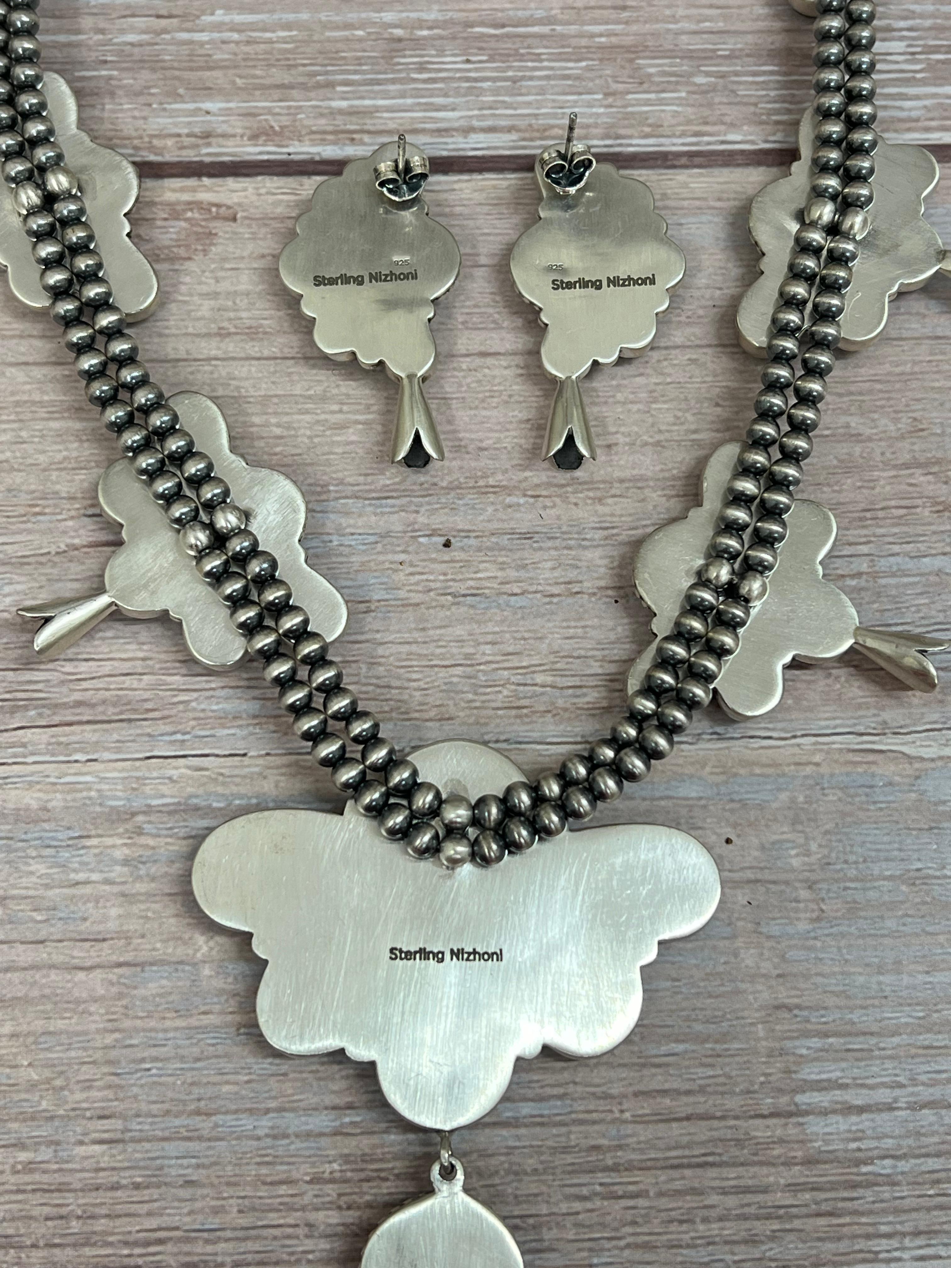 Handmade Sterling Silver Blackjack Turquoise Beaded Blossom Necklace Earrings Set with Signed Nizhoni