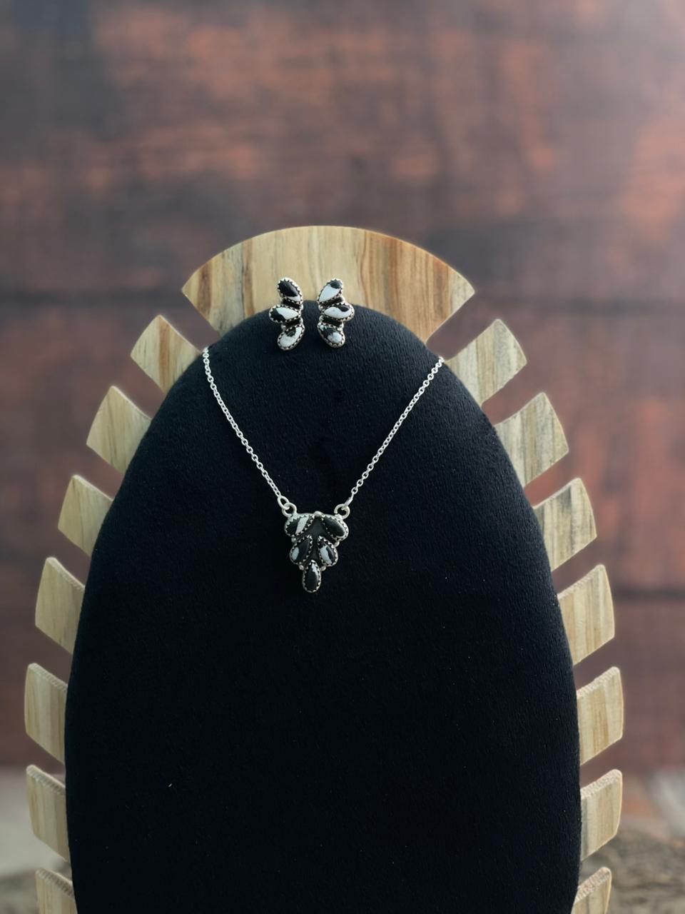 Handmade Sterling Silver White Buffalo Necklace Earrings Set "Signed Nizhoni"