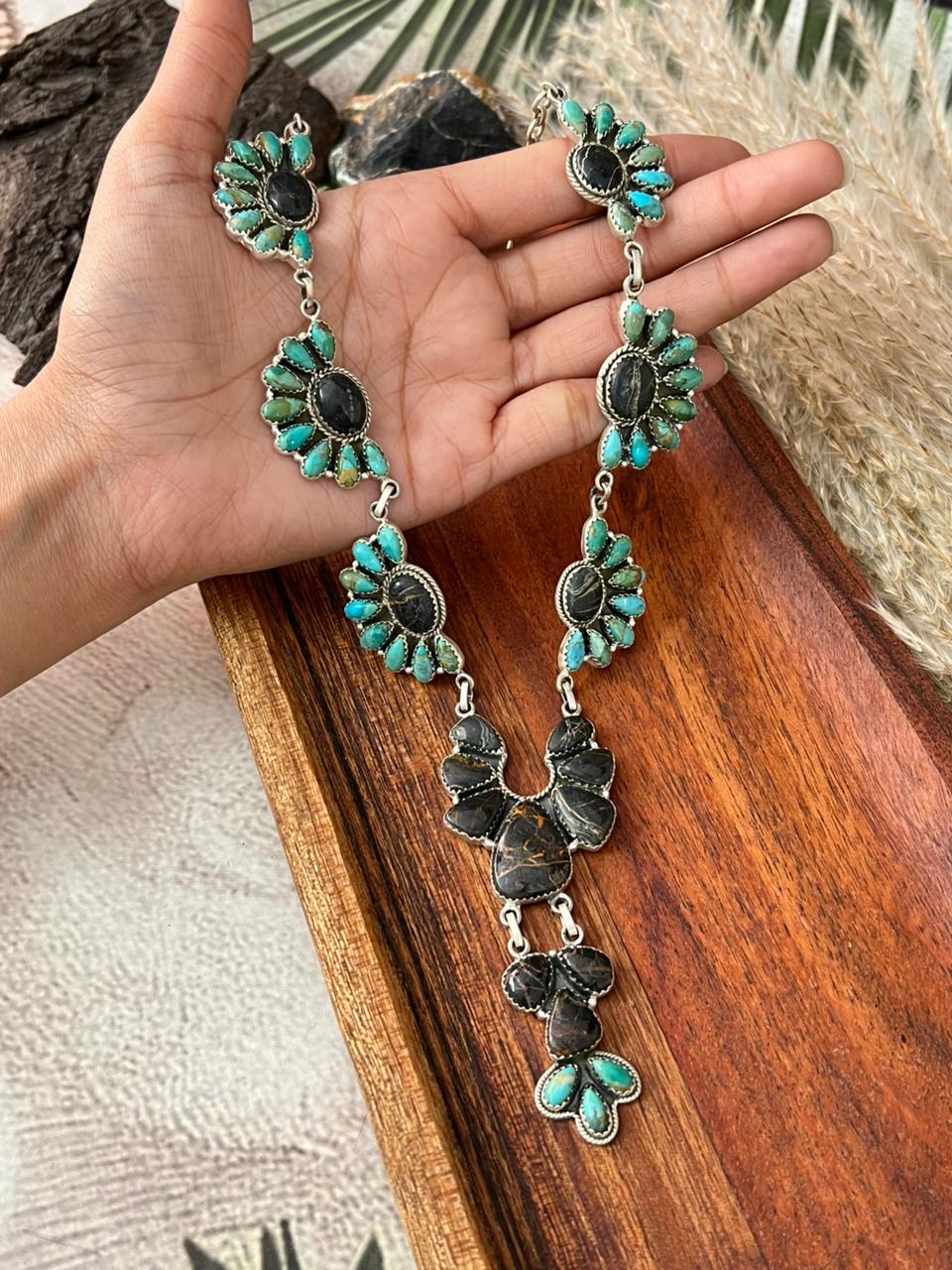 Handmade Sterling Silver Blackjack with Kingman Turquoise Necklace "Signed Nizhoni"