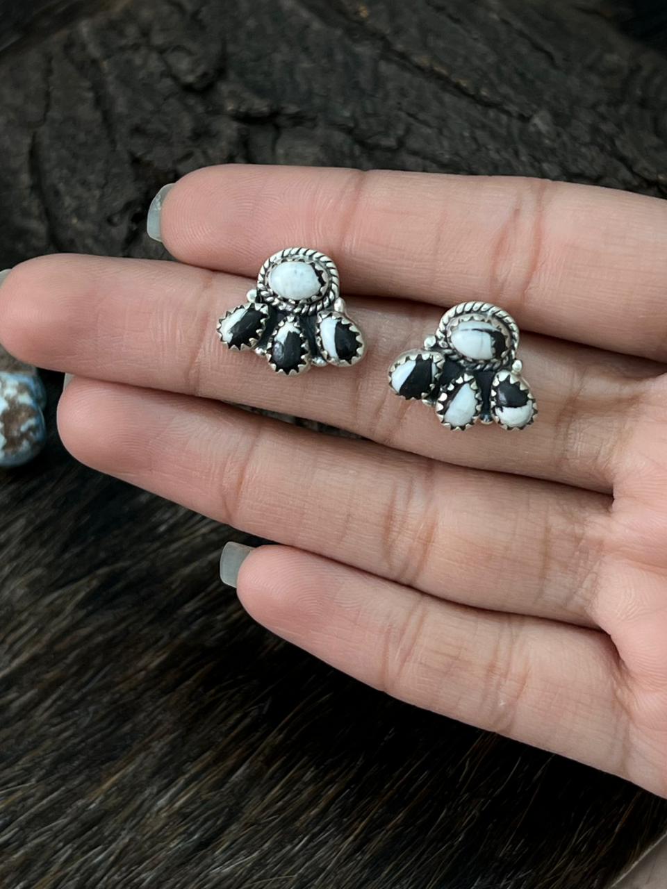 Handmade Sterling Silver White Buffalo Post Studs Earrings "Signed Nizhoni"