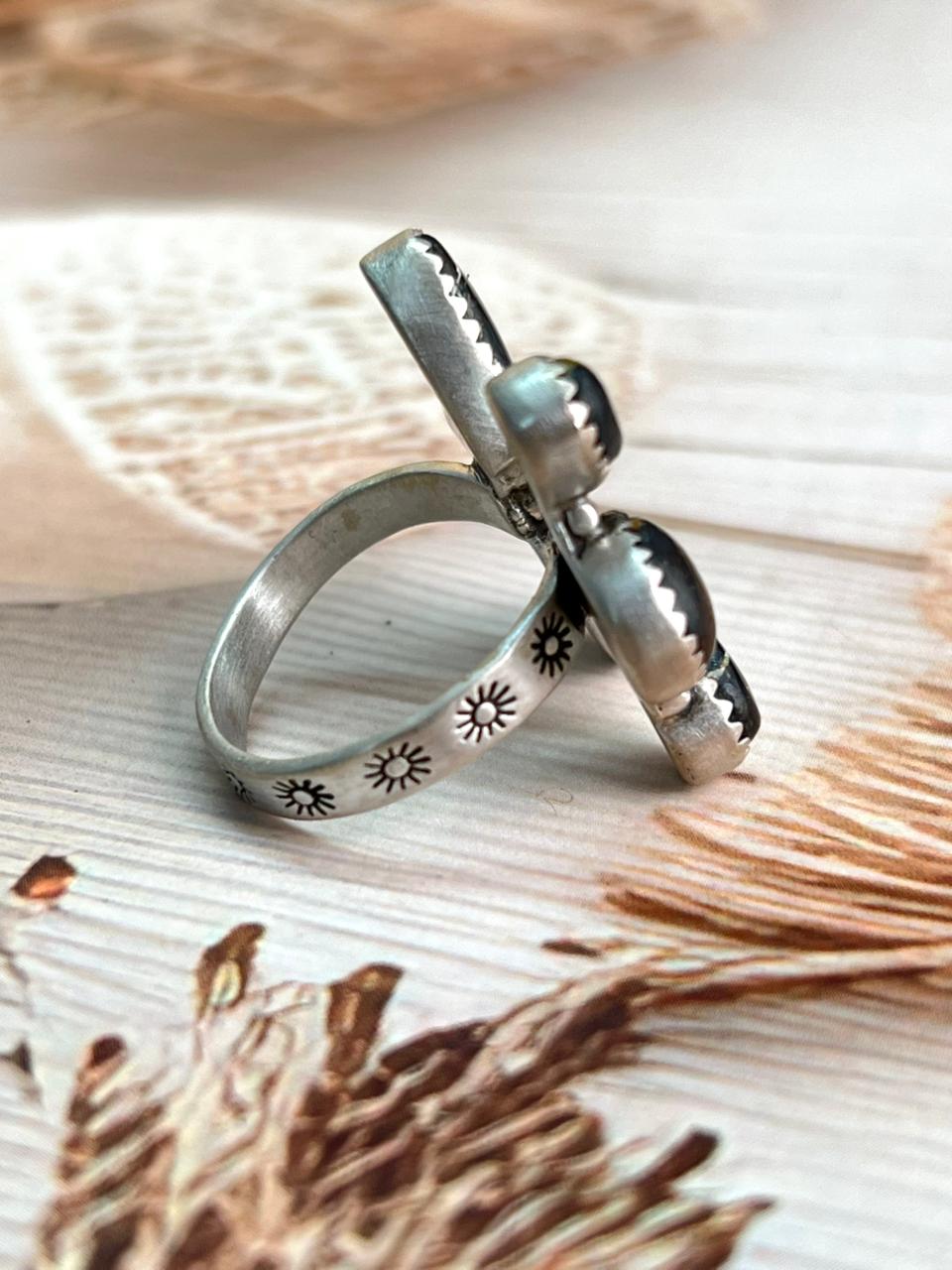 Handmade Sterling Silver Blackjack Turquoise Adjustable Ring "Signed Nizhoni"