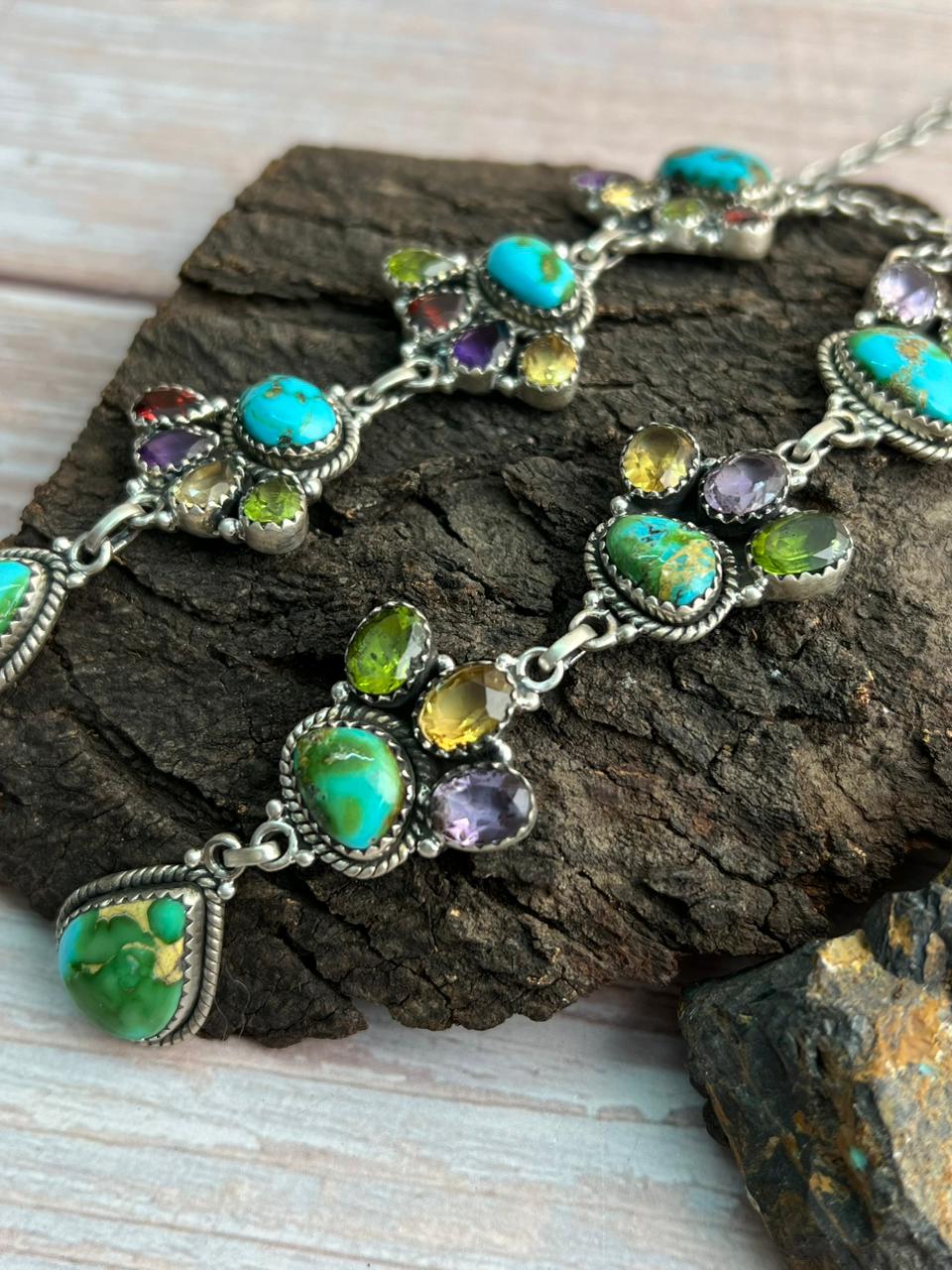 Handmade Sterling Silver Sonoran with Cut Stone Necklace "Signed Nizhoni"