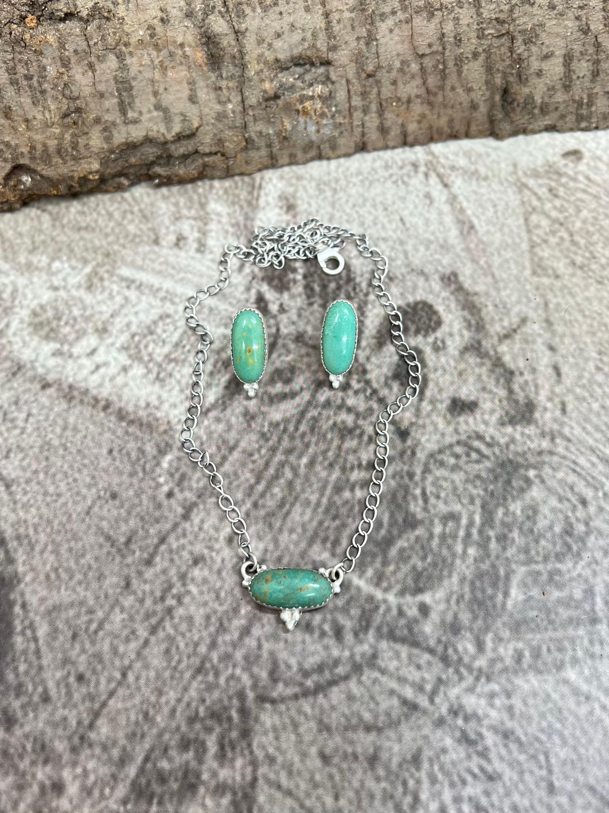 Handmade Sterling Silver Royston Turquoise Necklace Earrings Set, Signed Nizhoni