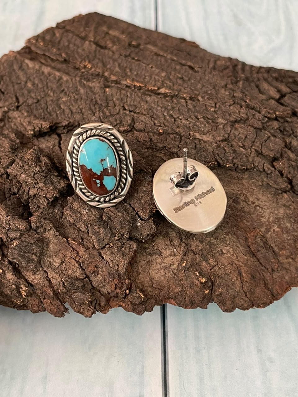 Handmade Sterling Silver Egyptian Turquoise Collection: Post Studs Earrings Signed Nizhoni