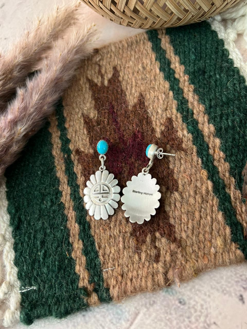 Handmade Sterling Silver Kingman Turquoise Post Dangle Earrings Signed Nizhoni