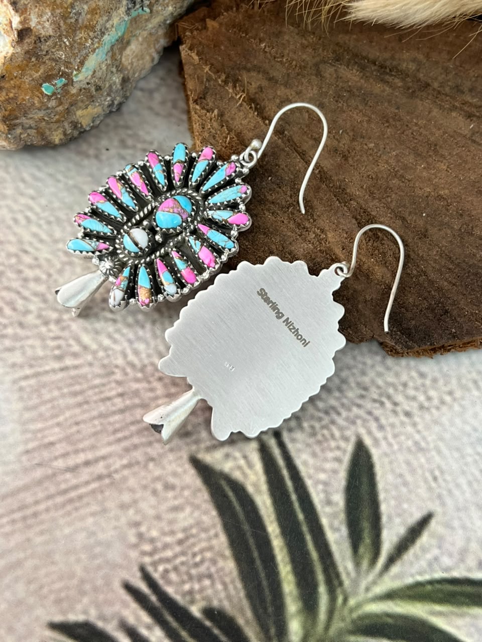 Handmade Sterling Silver Cotton Candy Hook Dangle Squash Blossom Earrings Signed Nizhoni
