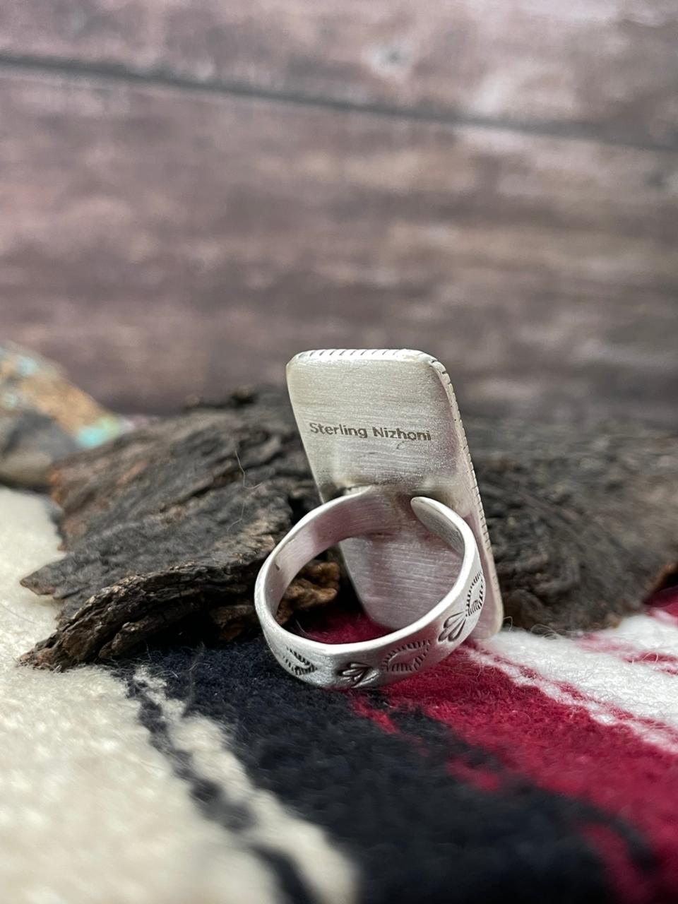 "Christmas Collection" Handmade Sterling Silver White Buffalo with Red Opal Adjustable Ring "Signed Nizhoni"