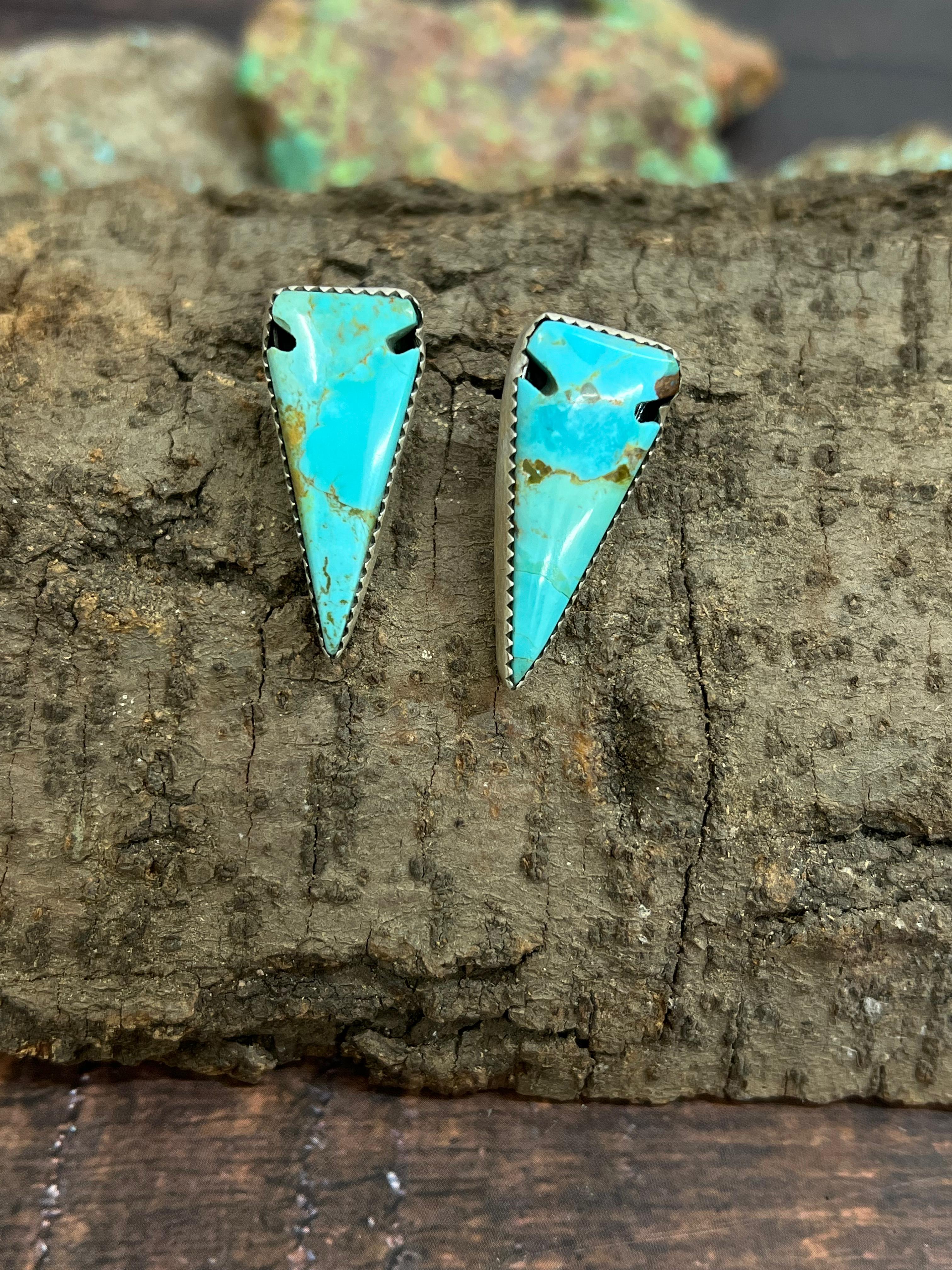 Handmade Sterling Silver Kingman Turquoise Post Earrings with Signed Nizhoni