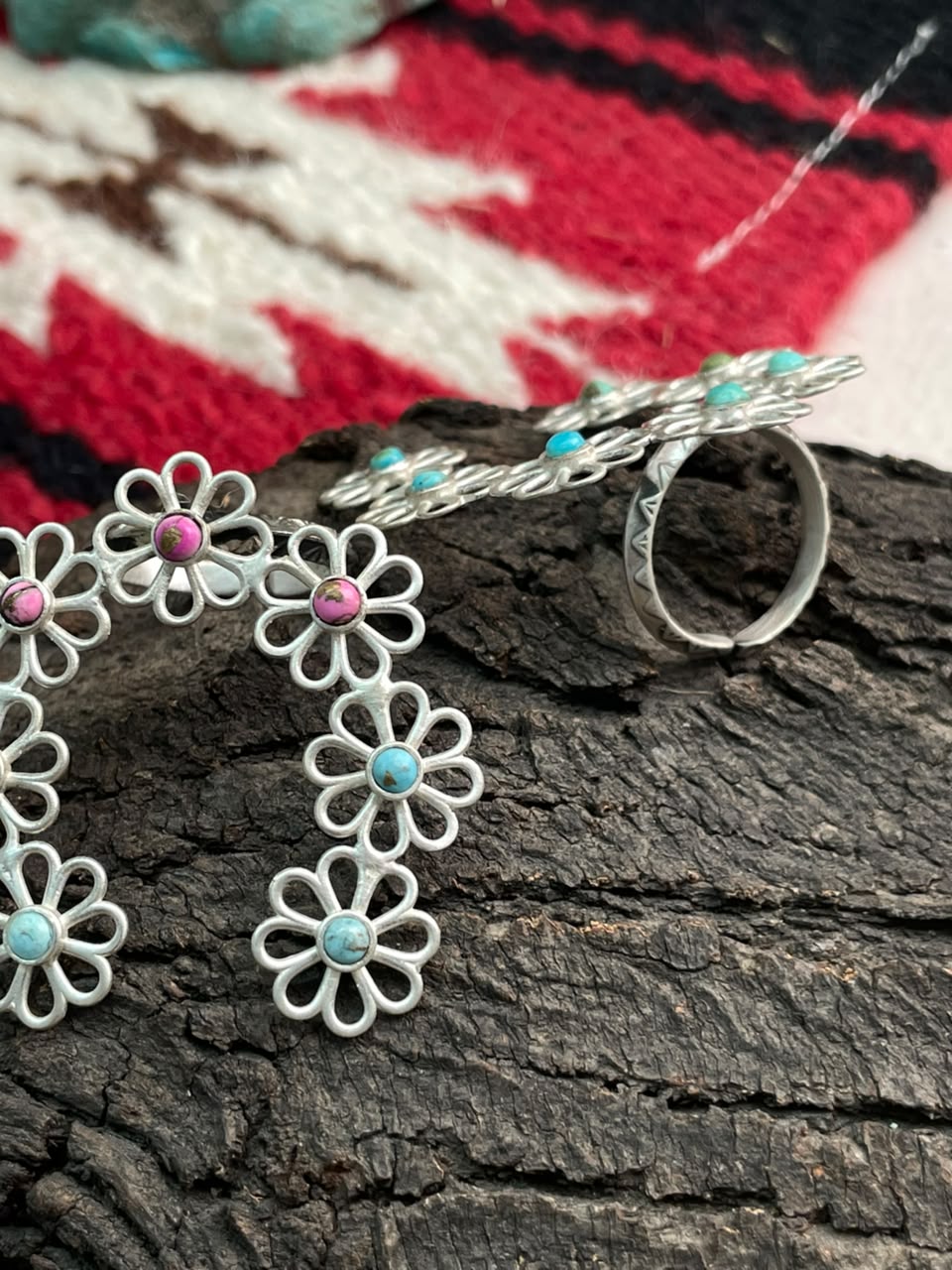 Handmade Sterling Silver Cotton Candy and Kingman Turquoise Flower Collection: Naja Adjustable Ring