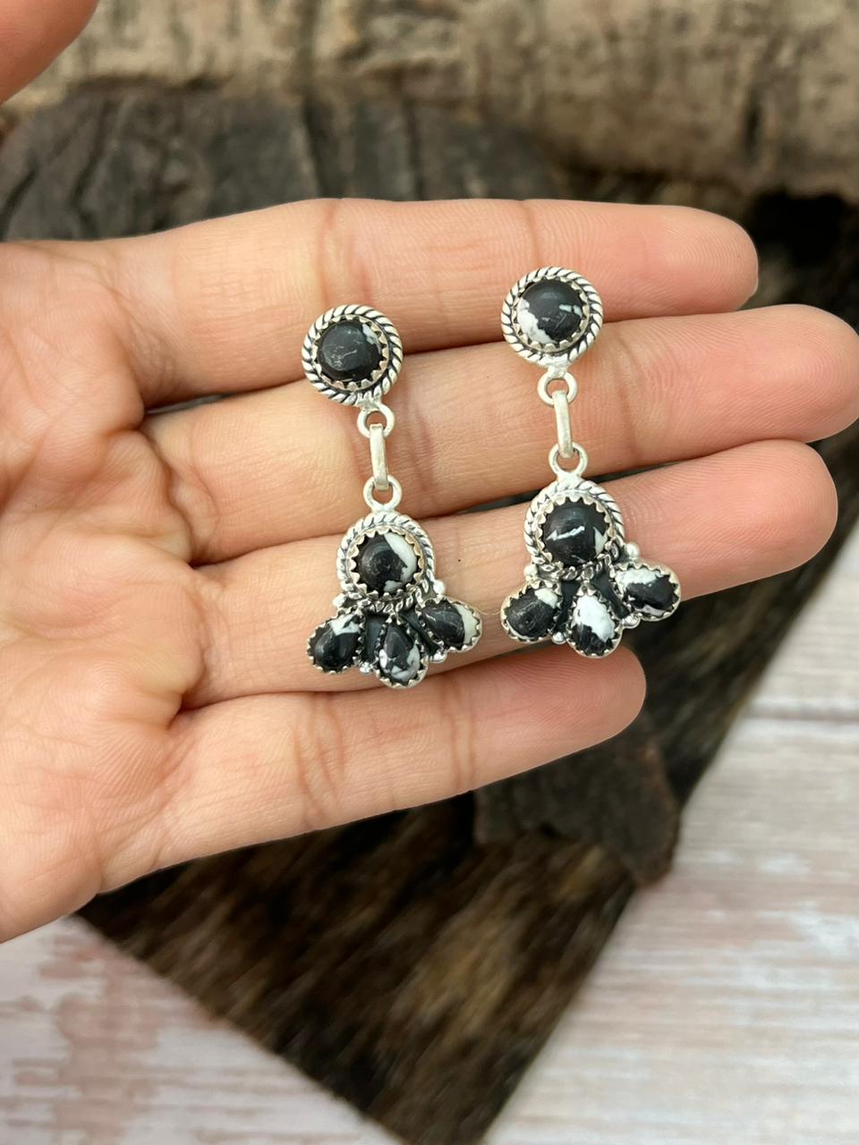 Handmade Sterling Silver White Buffalo Post Dangle Earrings "Signed Nizhoni"