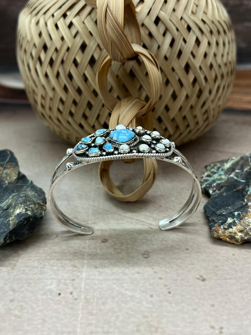 Handmade Sterling Silver Golden Hills with White Collection Bracelet "Signed Nizhoni"