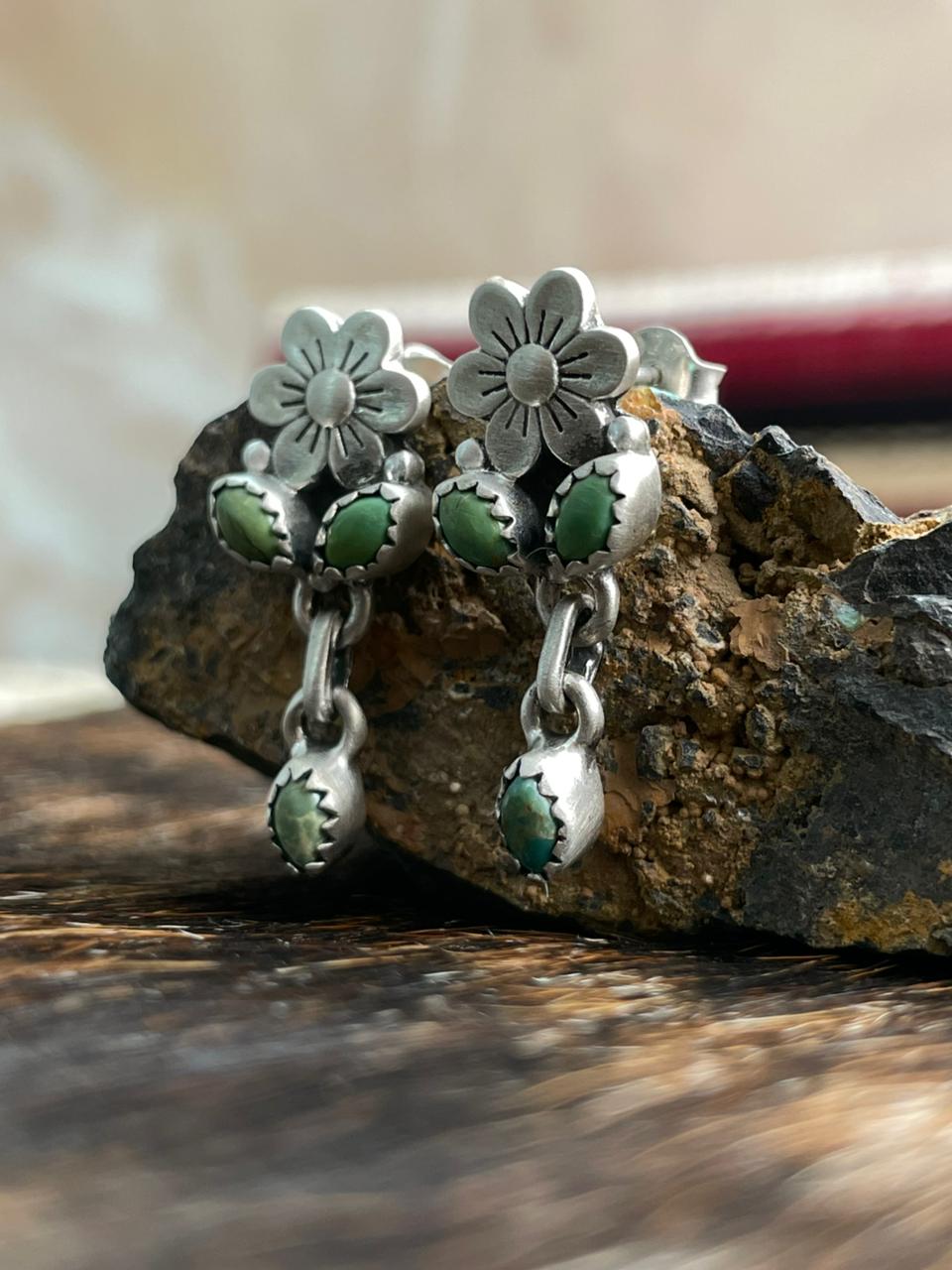 Handmade Sterling Silver Kingman Turquoise Post Dangle Earrings "Signed Nizhoni"