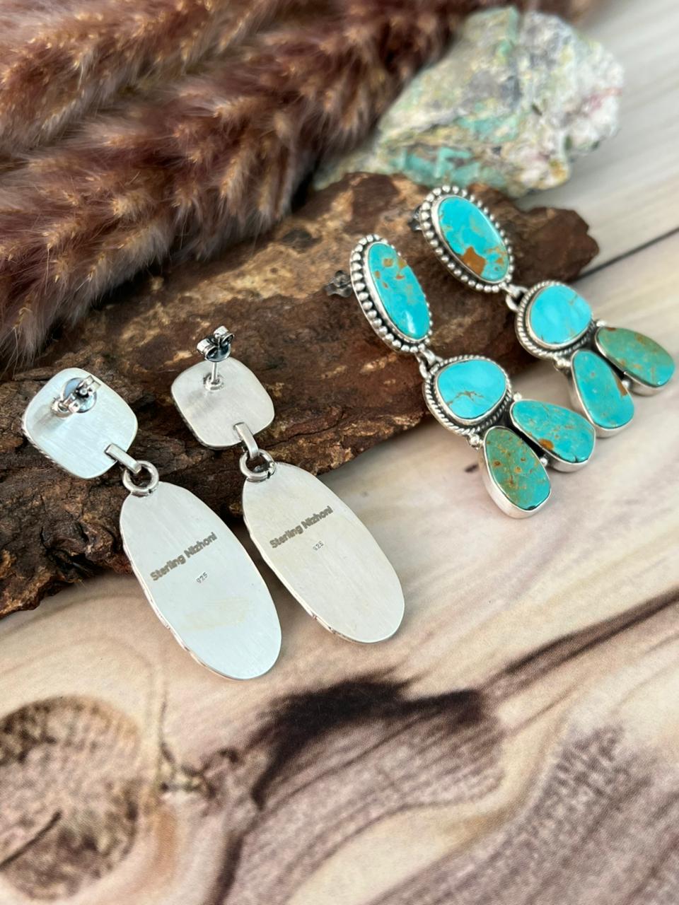 Handmade Sterling Silver Green Kingman Turquoise Collection: Post Dangle Earrings Signed Nizhoni