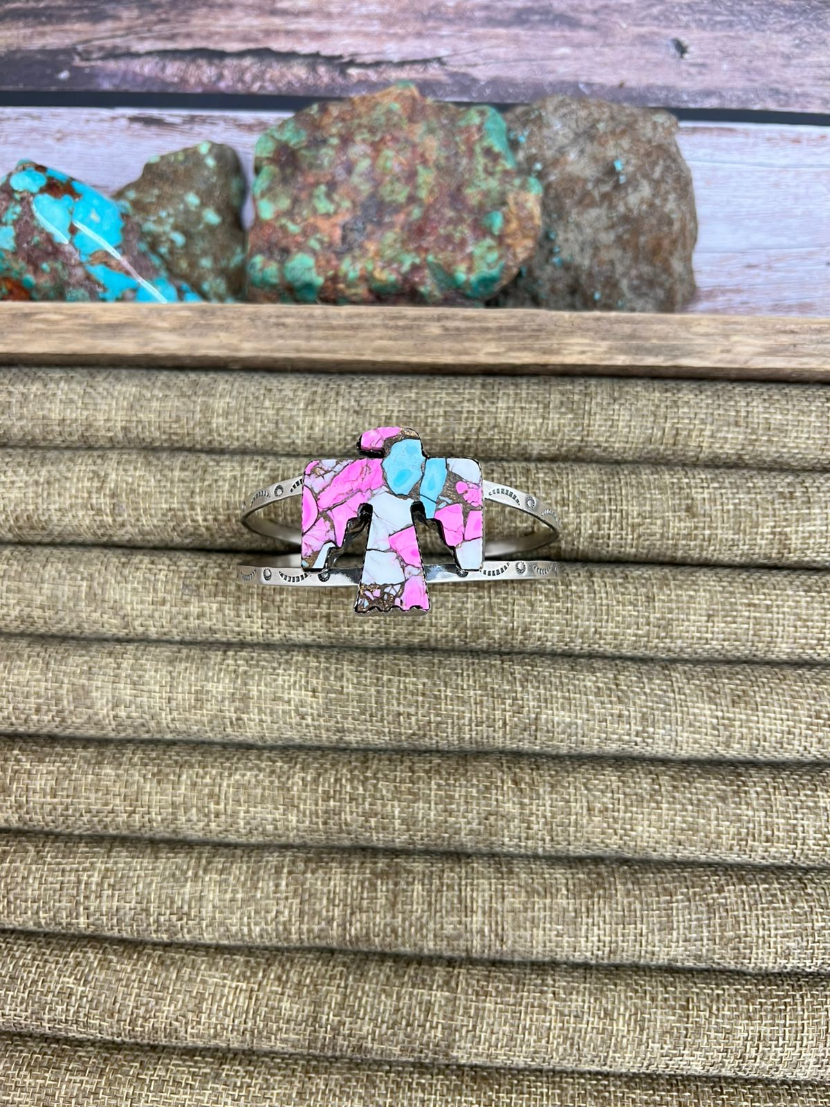 Handmade Sterling Silver Cotton Candy Turquoise Thunder Bird Cuff Bracelet with Signed Nizhoni