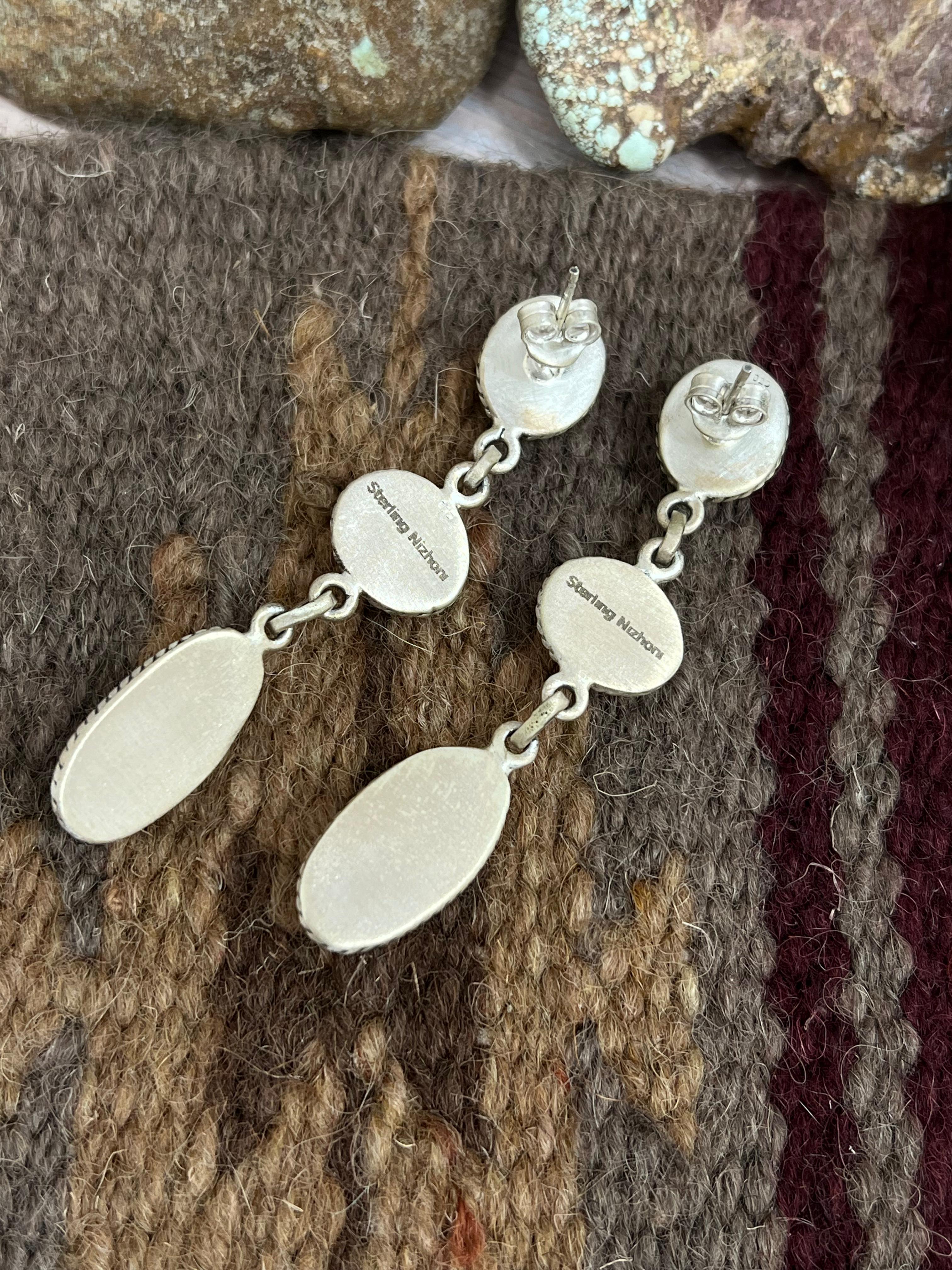 Handmade Sterling Silver Cotton Candy Turquoise Post Dangle Earrings with Signed Nizhoni