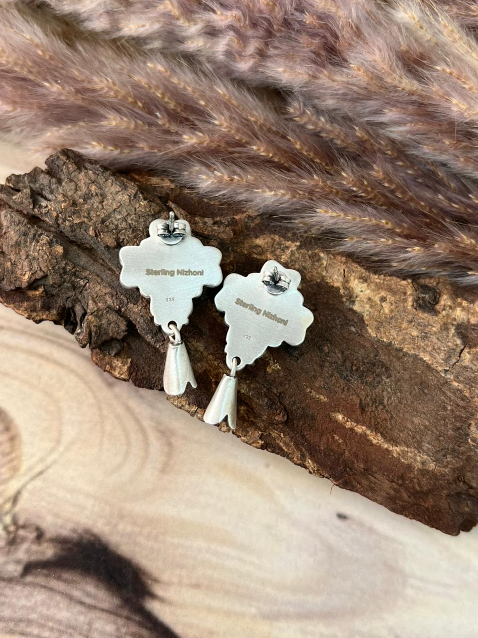 Handmade Sterling Silver Cotton Candy Post Dangle Squash Blossom Earrings Signed Nizhoni