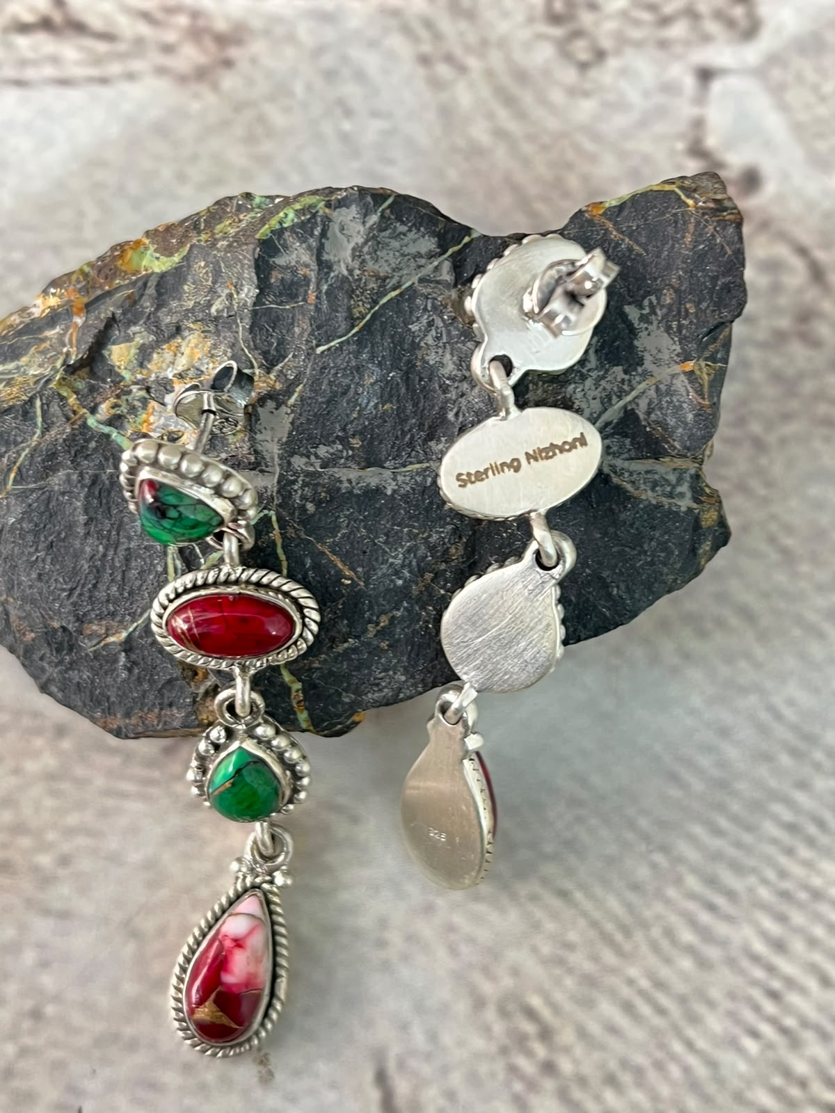 Handmade Sterling Silver Christmas Dahlia Collection: Post Dangle Earrings Signed Nizhoni