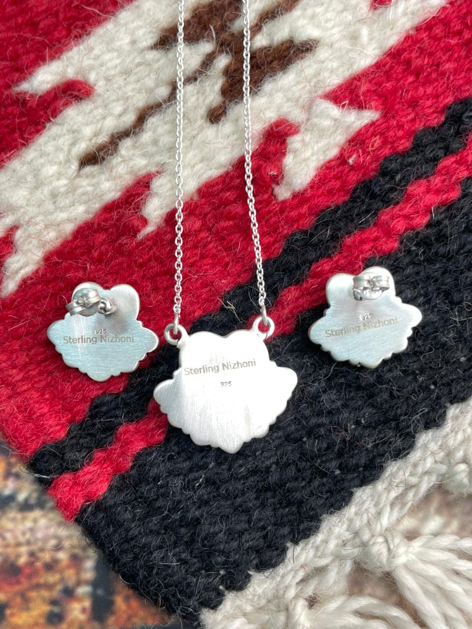 Handmade Sterling Silver Kingman Turquoise Necklace Earrings Set "Signed Nizhoni"