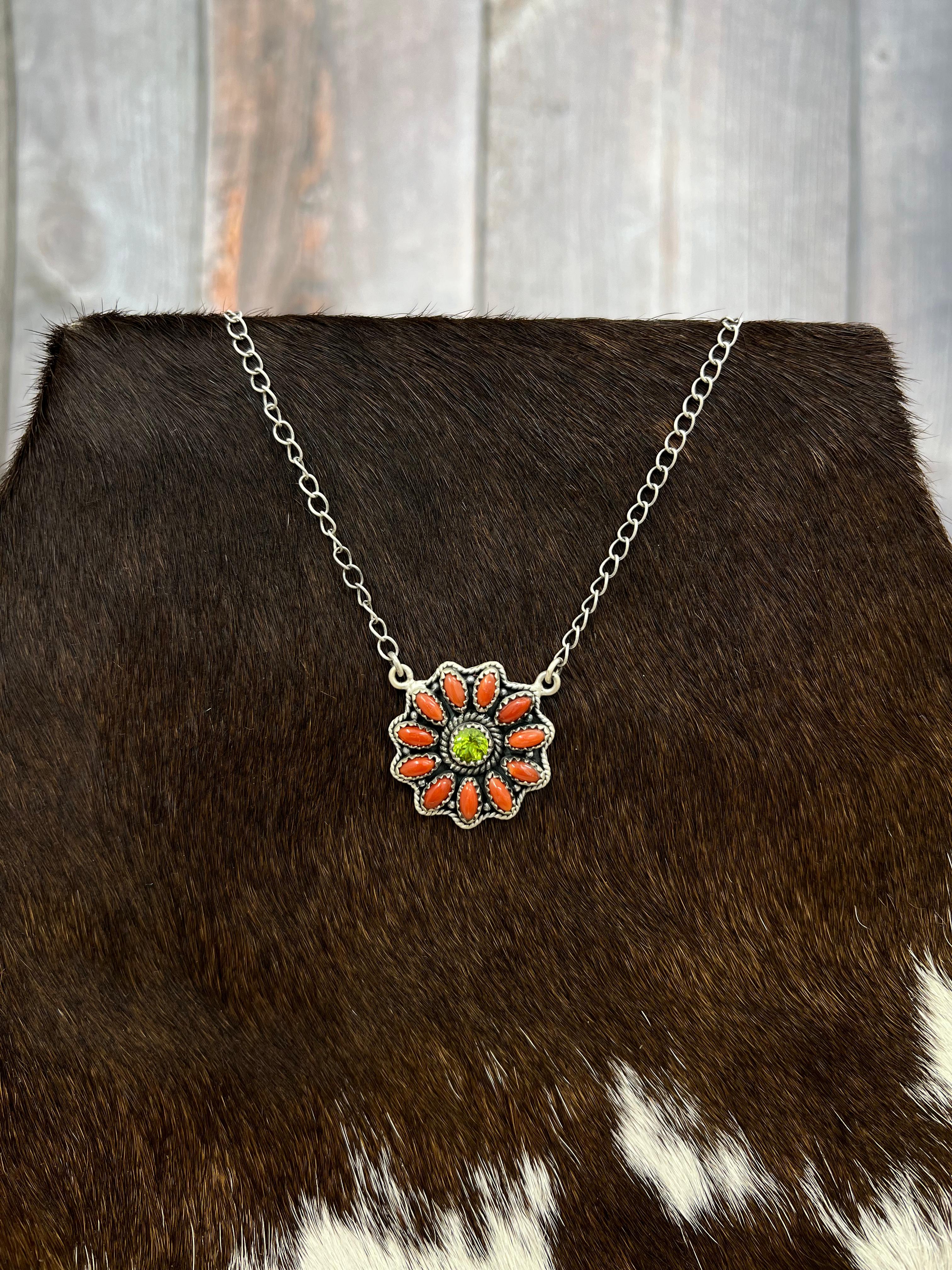 Christmas Collection Handmade Sterling Silver Coral with Peridot Necklace with Signed Nizhoni