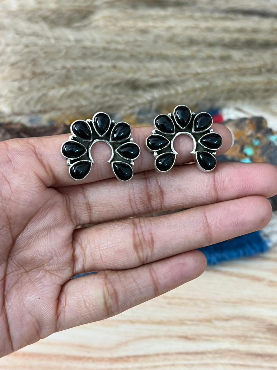 Handmade Sterling Silver Black Onyx Naja Post Studs Earrings "Signed Nizhoni"