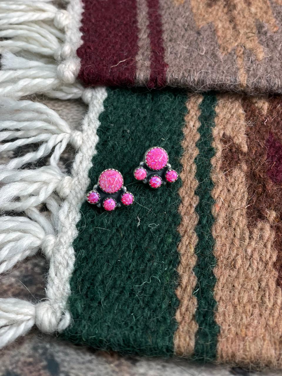 Handmade Sterling Silver Hot Pink Post Studs Earrings "Signed Nizhoni"