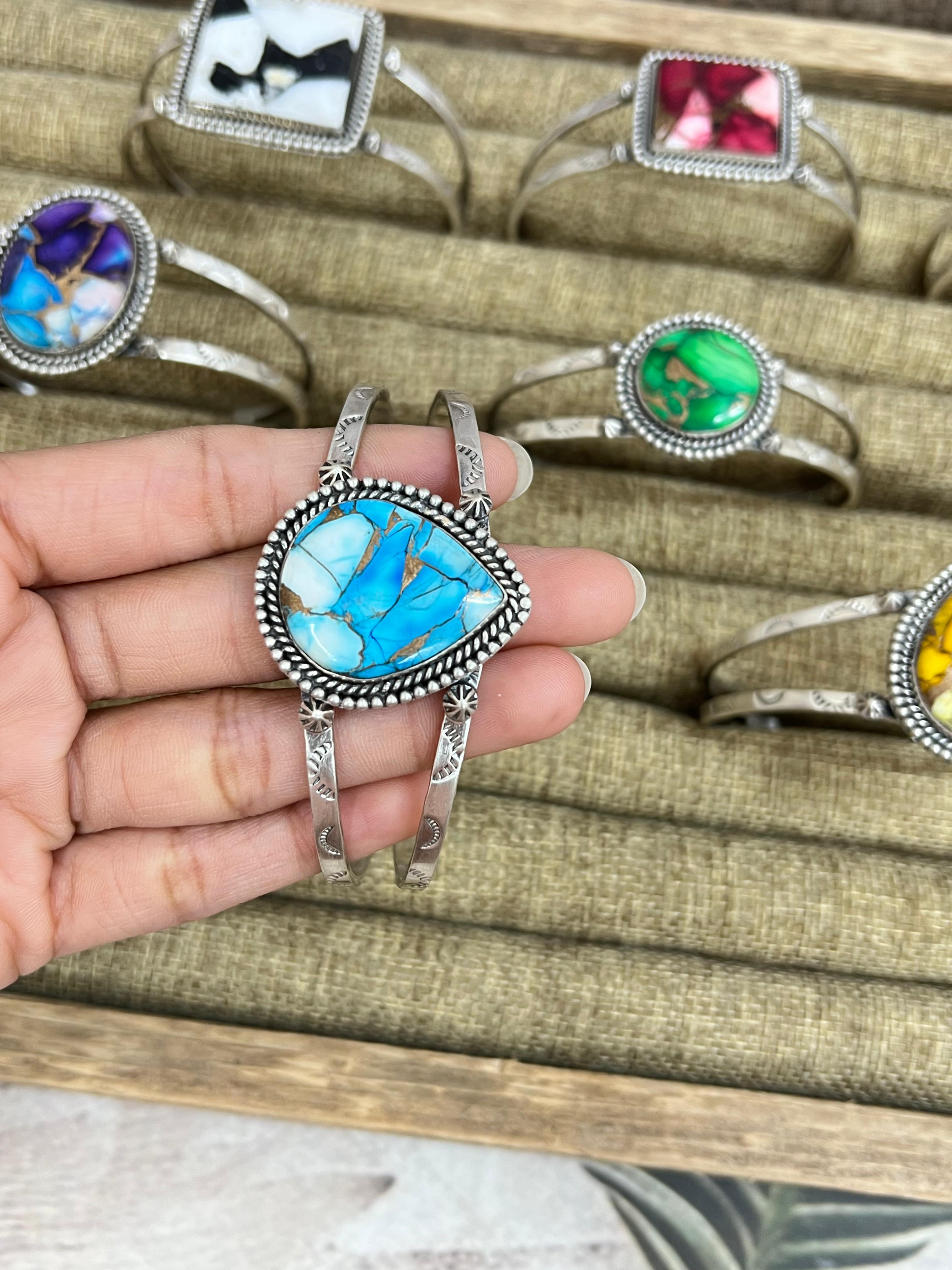 Handmade Sterling Silver Multi Stone Cuff Bracelet with Signed Nizhoni (1)