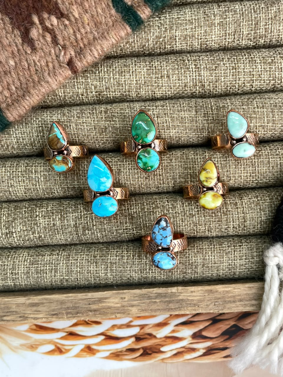 Handmade Royston, Paloma, Palomino, Sierra Bella, Sonoran Mountain and Golden Hills Turquoise Copper Collection: Adjustable Ring Signed Nizhoni