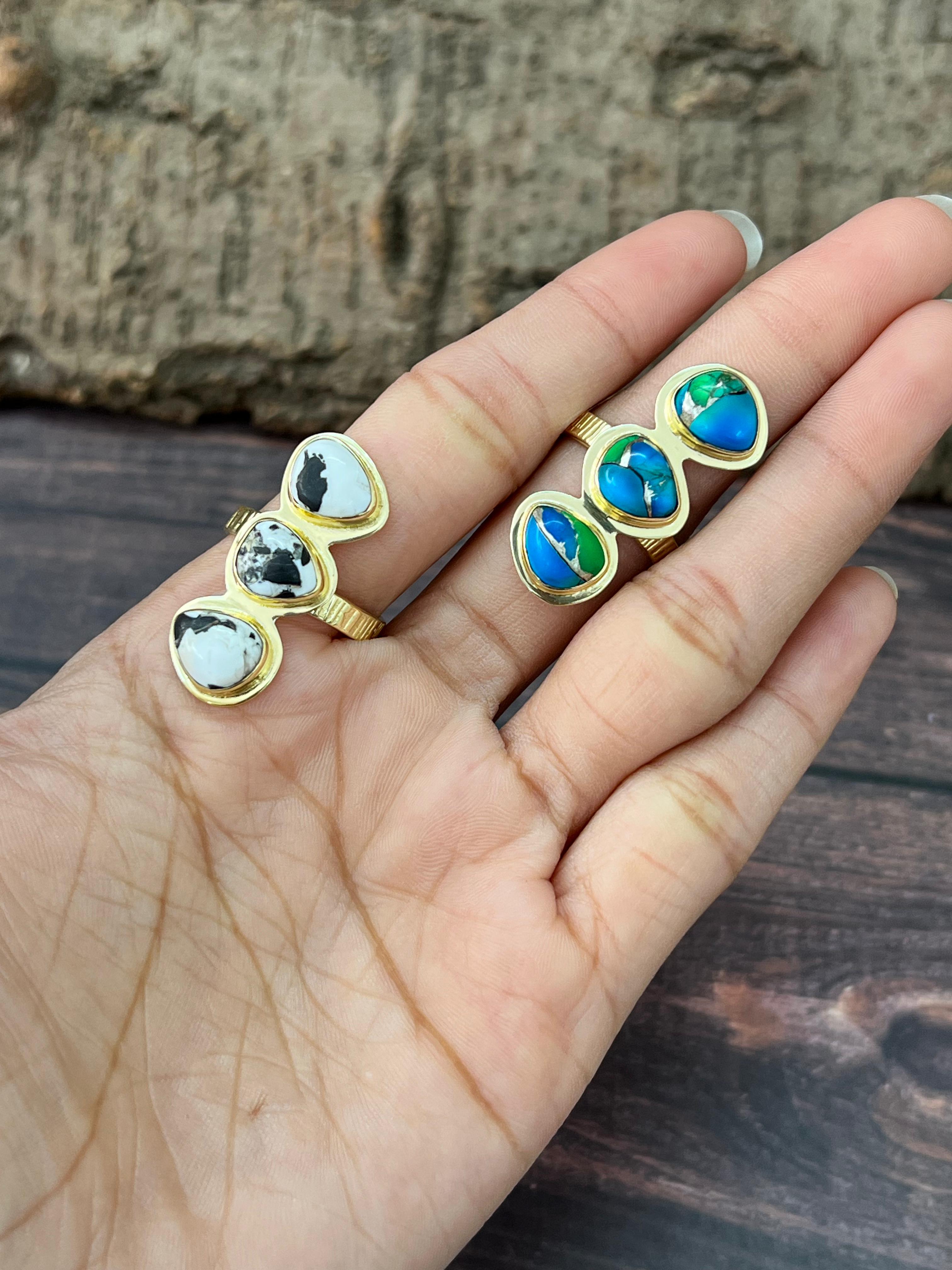 “The Golden Collection” Natural White Buffalo, Peacock Dahlia Adjustable Ring