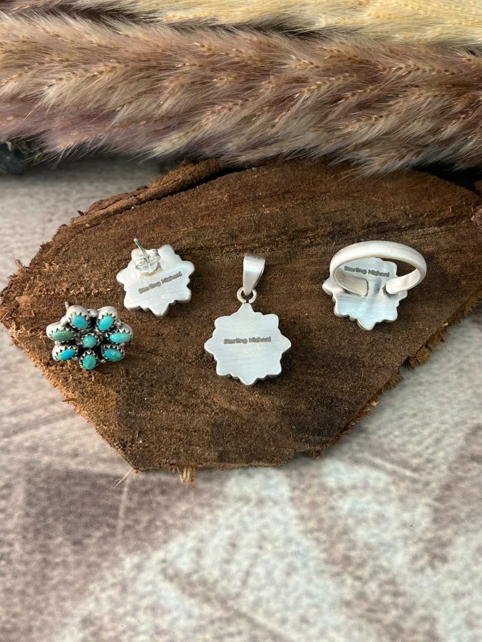 Handmade Sterling Silver Kingman Turquoise Pendant Ring and Earrings Set Signed Nizhoni