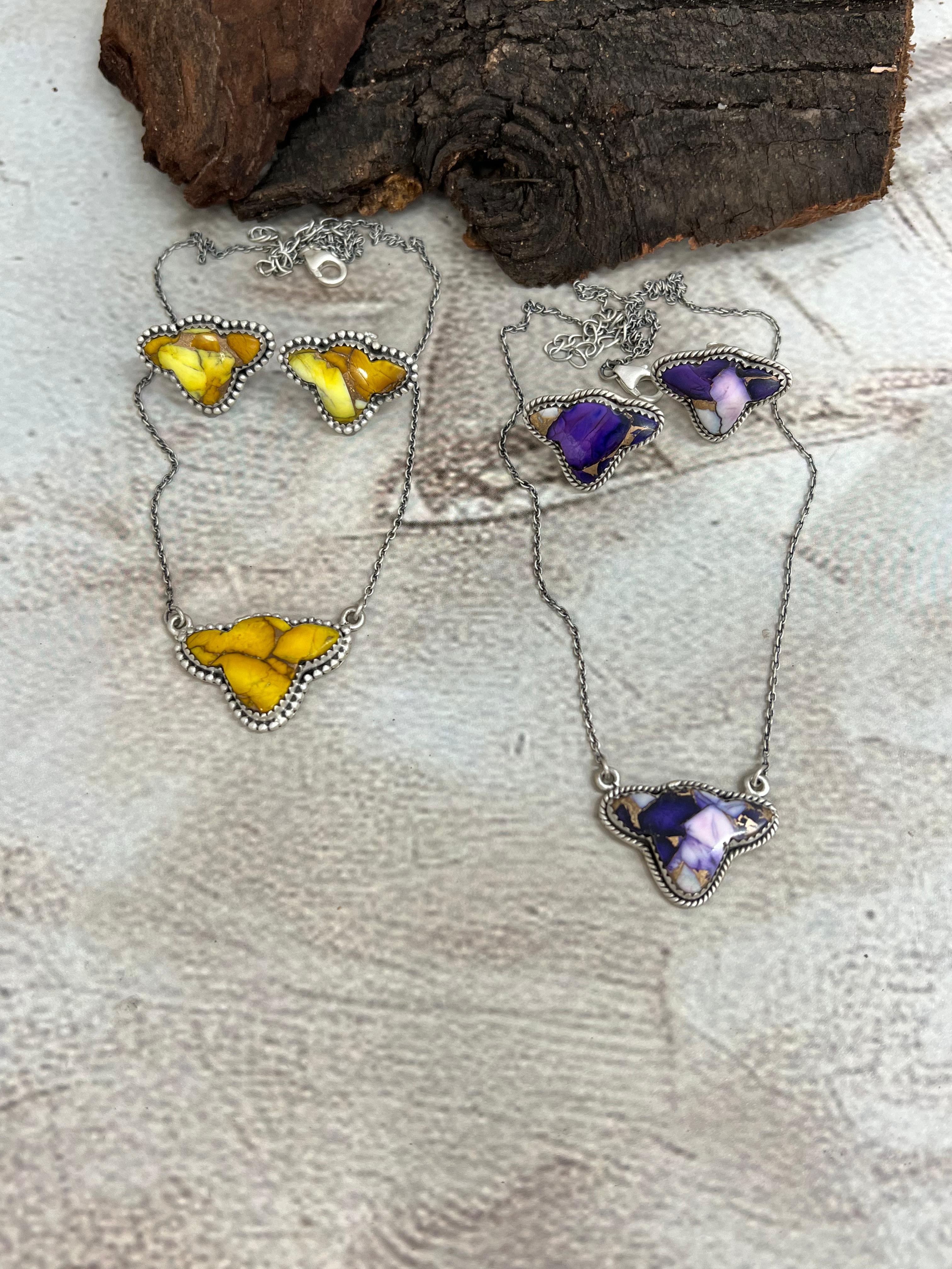 Handmade Sterling Silver Purple Ice Rose Dahlia, Honey Dahlia Necklace Earrings Set, Signed Nizhoni