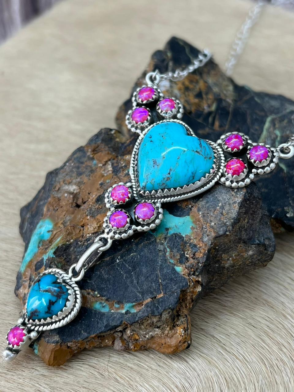 Handmade Sterling Silver Arizona Turquoise with Hot Pink Necklace "Signed Nizhoni"