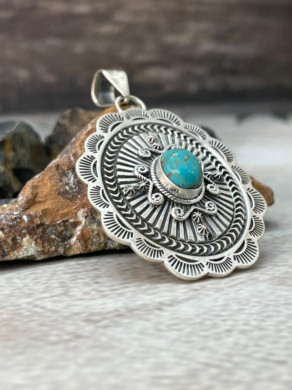 Handmade Sterling Silver Kingman Turquoise Pendant "Signed Nizhoni"