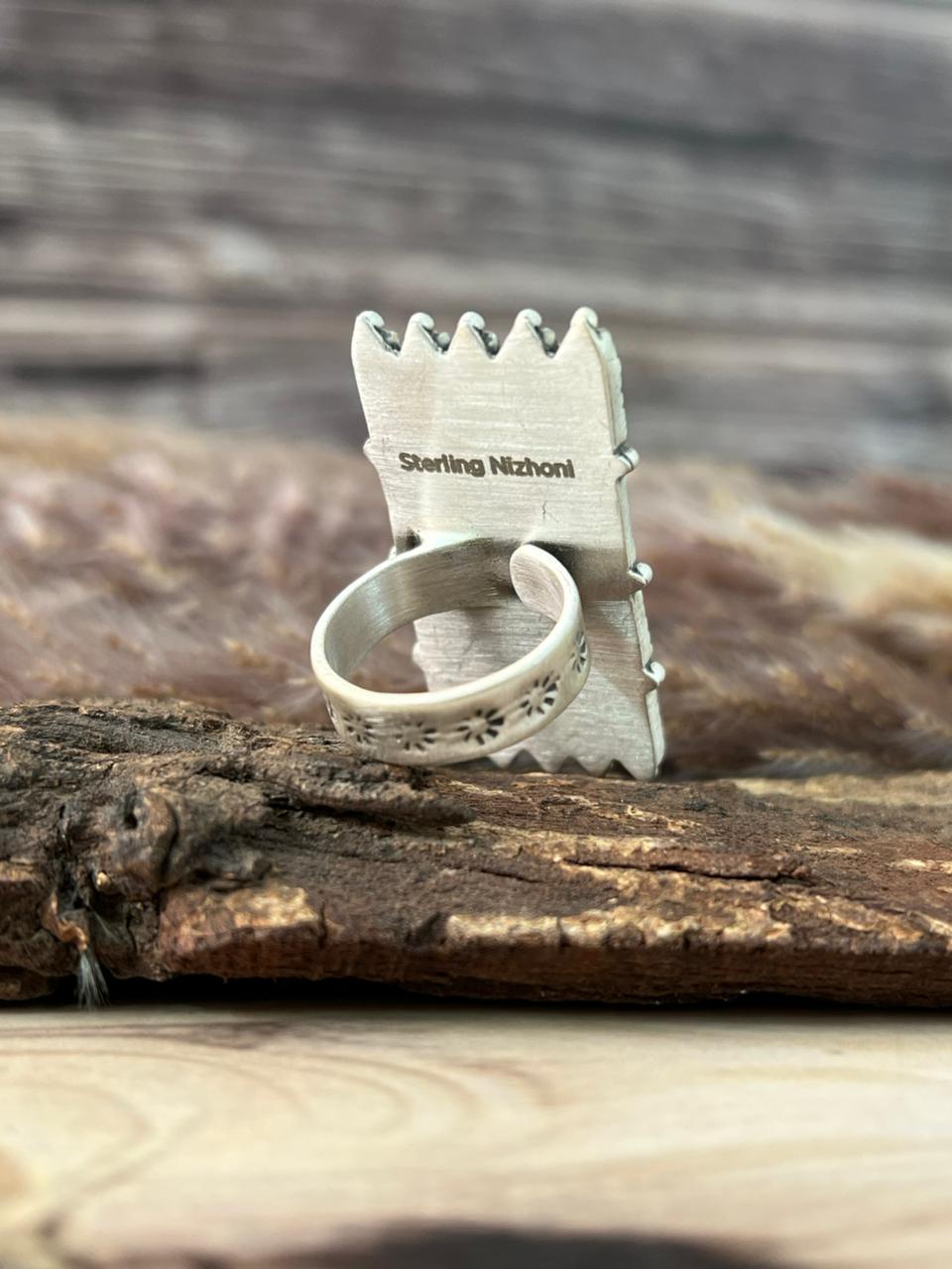 Handmade Sterling Silver Kingman Turquoise Bar Adjustable Ring Signed Nizhoni