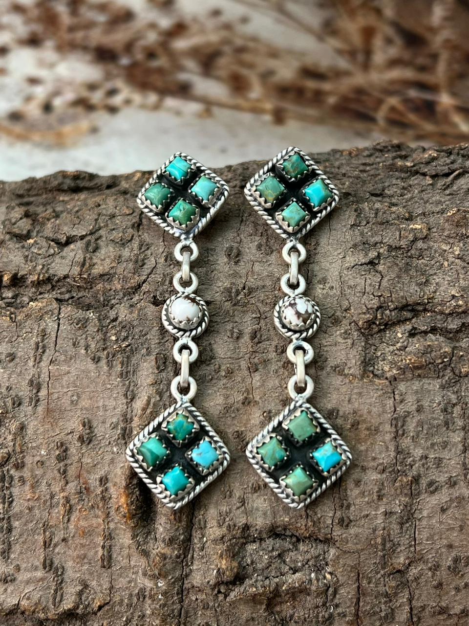 Handmade Sterling Silver Kingman Turquoise Post Dangle Earrings "Signed Nizhoni"