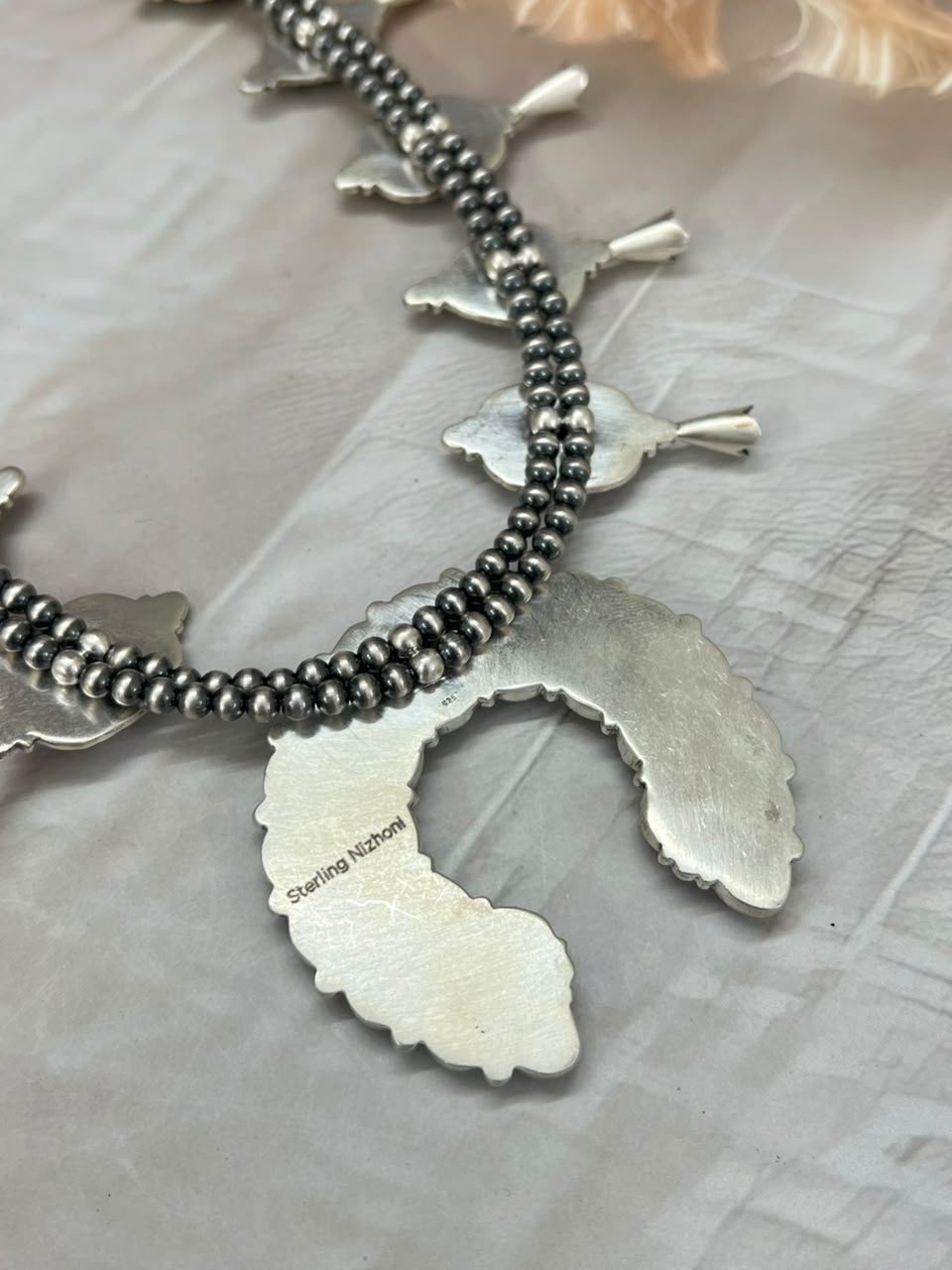Handmade Sterling Silver Christmas Dahlia Collection: Beaded Squash Blossom Naja Necklace Signed Nizhoni