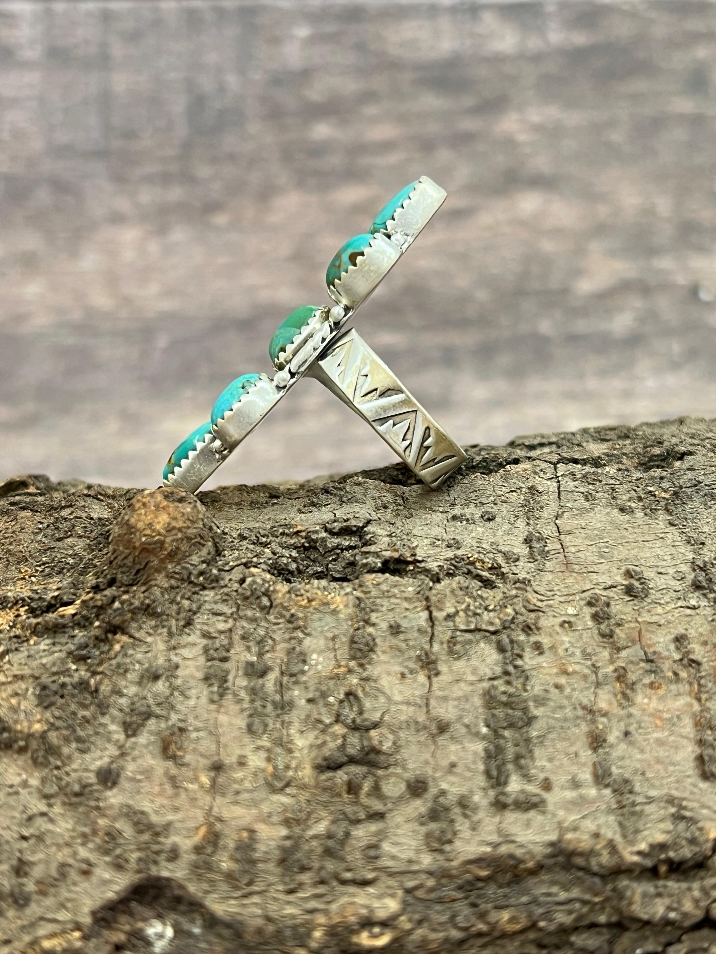 Handmade Sterling Silver Kingman Turquoise Adjustable Ring with Signed Nizhoni (5)