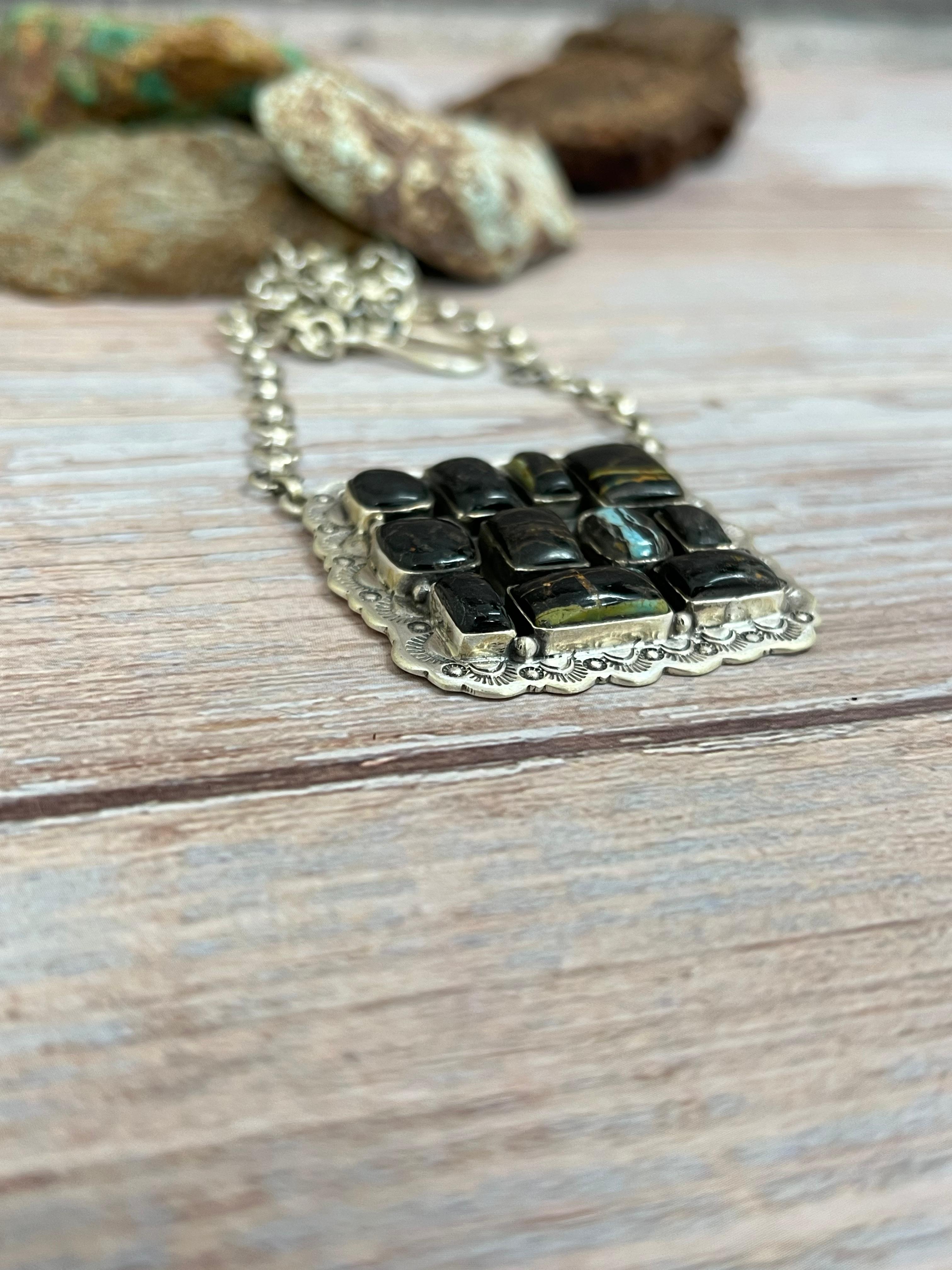 Handmade Sterling Silver Blackjack Turquoise Necklace with Signed Nizhoni