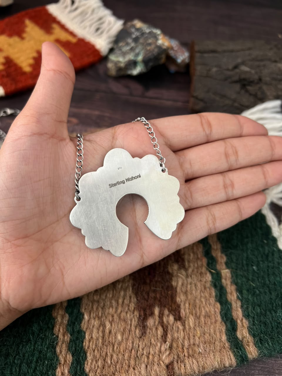 Handmade Sterling Silver Blackjack Turquoise Collection: Naja Necklace Signed Nizhoni