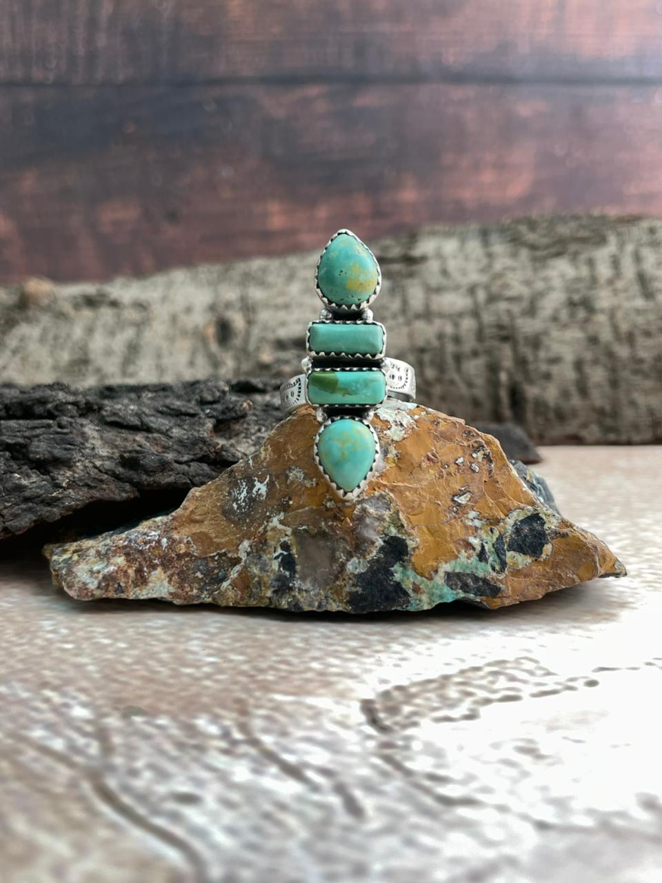 Handmade Sterling Silver Kingman Turquoise Adjustable Ring "Signed Nizhoni"