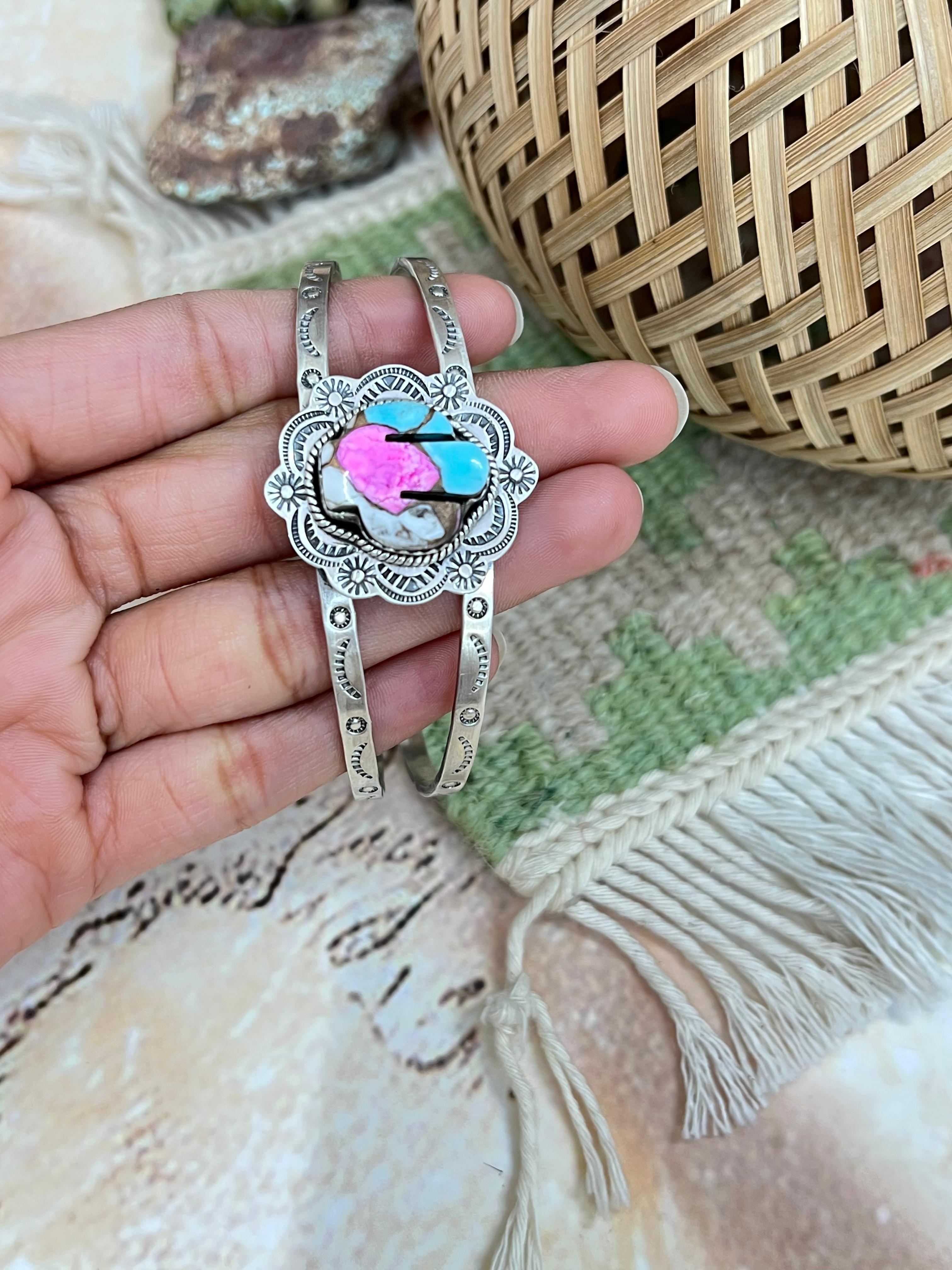 Handmade Sterling Silver Cotton Candy Turquoise SaguaroCuff Bracelet with Signed Nizhoni