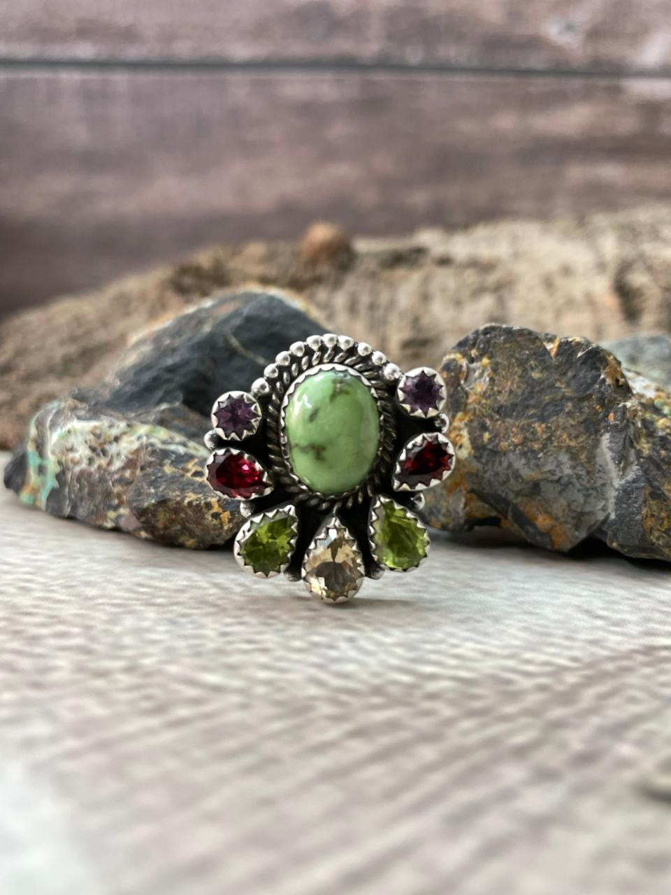 Handmade Sterling Silver Sonoran with Cut Stones Adjustable Ring "Signed Nizhoni"