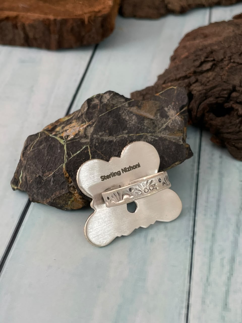 Handmade Sterling Silver Egyptian Turquoise Collection: Adjustable Butterfly Ring Signed Nizhoni