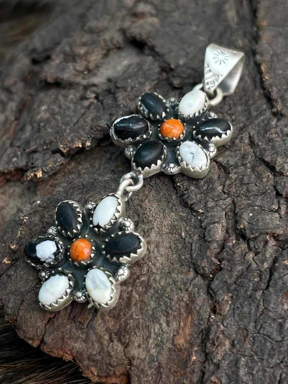 Handmade Sterling Silver Orange Mojave with White Buffalo Pendant "Signed Nizhoni"
