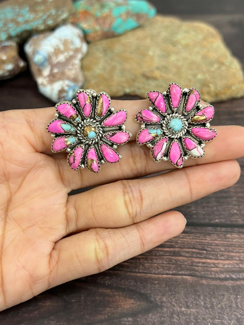 Handmade Sterling Silver Cotton Candy Turquoise Post Studs with Signed Nizhoni