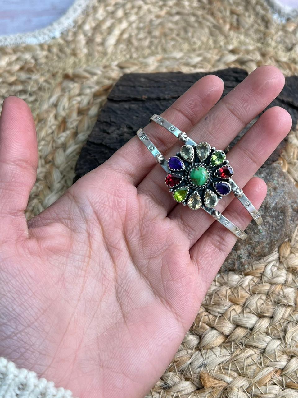 Handmade Sterling Silver Sonoran with Cut Stone Bracelet "Signed Nizhoni"