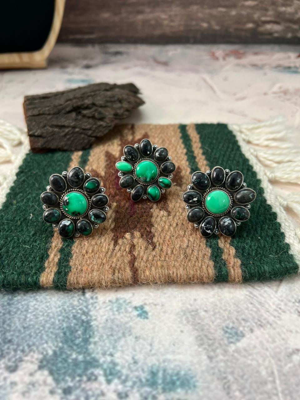 Handmade Sterling Silver Emerald Rose Adjustable Ring "Signed Nizhoni"