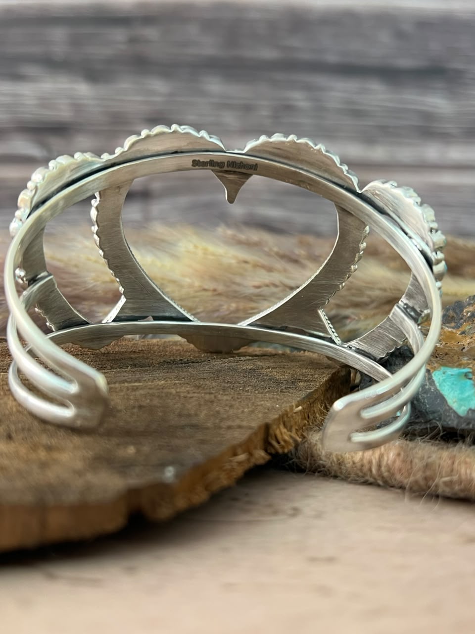Handmade Sterling Silver Kingman Turquoise Cuff Heart Bracelet Signed Nizhoni (5)